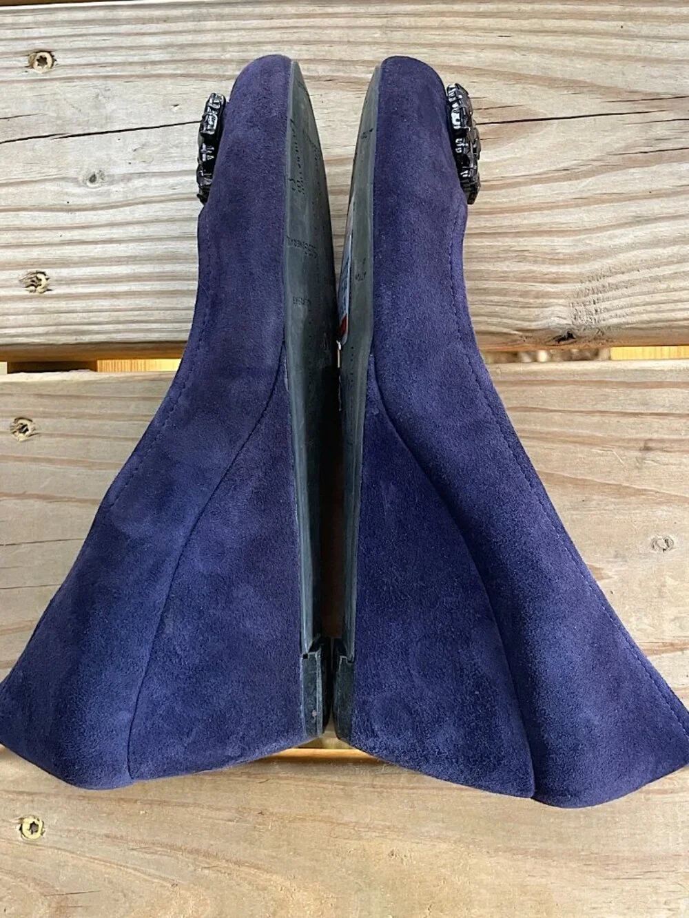 Glam Night Out BCBGeneration Blue Suede Bejeweled Wedges Size 7.5